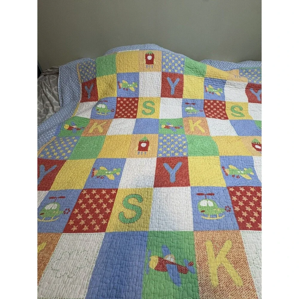 Quilt Airplane Sky Helicopter Blue Green Checkered Back Flaw 68”79” Twin